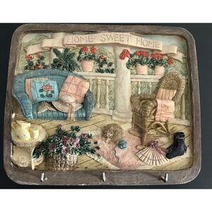 Key Rack Wall Plaque Home Sweet Home Porch Scene 10x8 Multi Color Good Unbranded